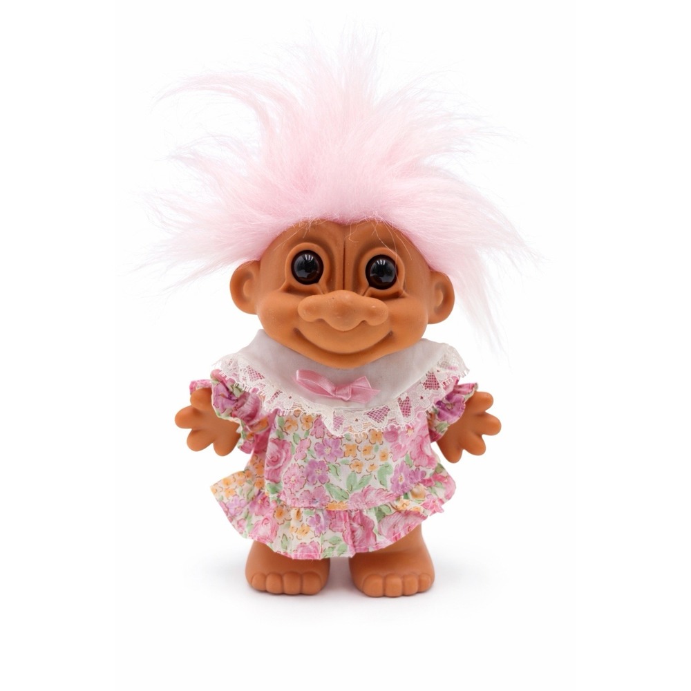 Vintage Russ Troll Doll Pink Hair Floral Dress 6" Girl Troll Original Outfit